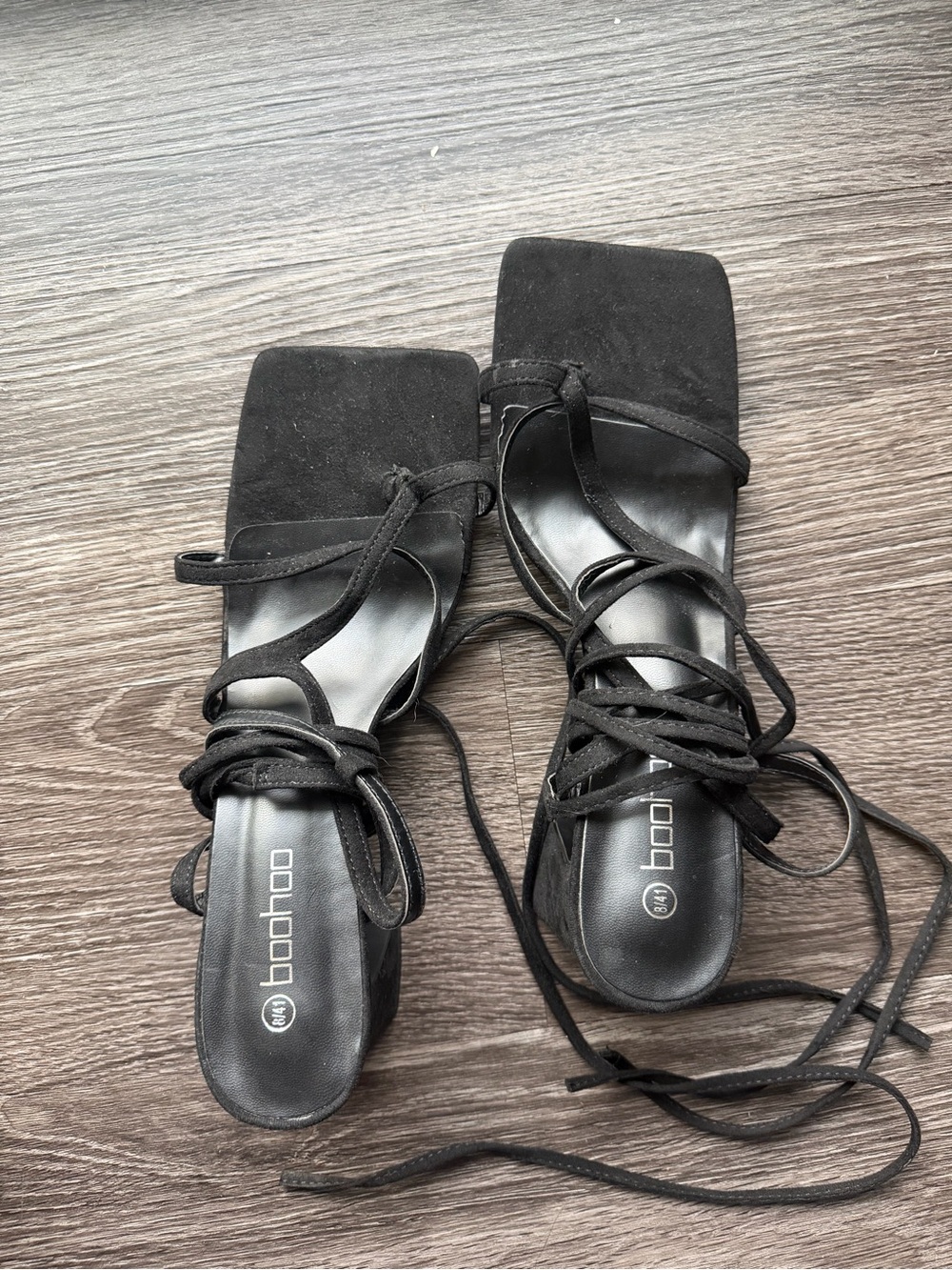 boohoo Black Lace-Up Square Toe Heeled Sandals